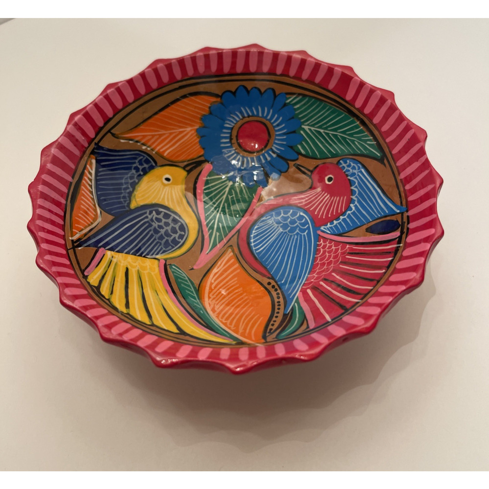 Footed Mexican Pottery Talavera Bowl Salsa Trinket Hand Painted Pink Yellow Bird